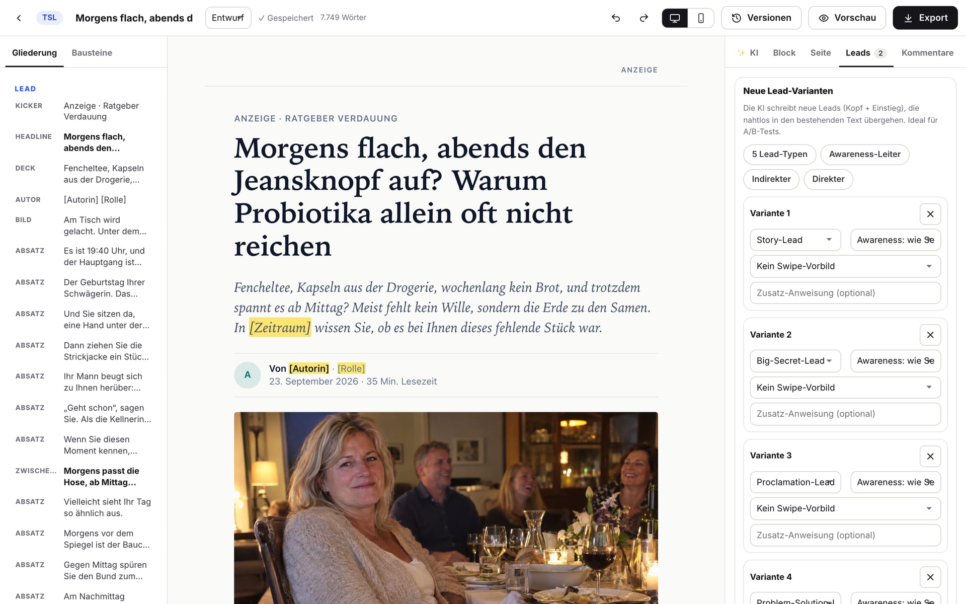 Der Editor mit dem Bereich für Lead-Varianten: vier Varianten mit unterschiedlichen Lead-Typen.